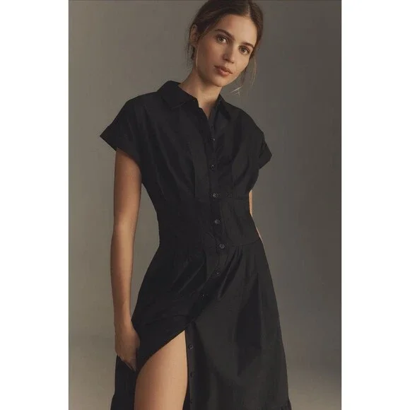 Anthropologie Midi Shirt Dress Black Pleated Cotton Preppy Retro Boho Medium NWT - Picture 3 of 14